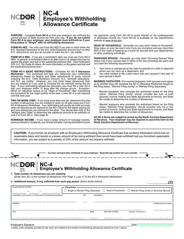 NC 4 Withholding Allowance Certificate screenshot