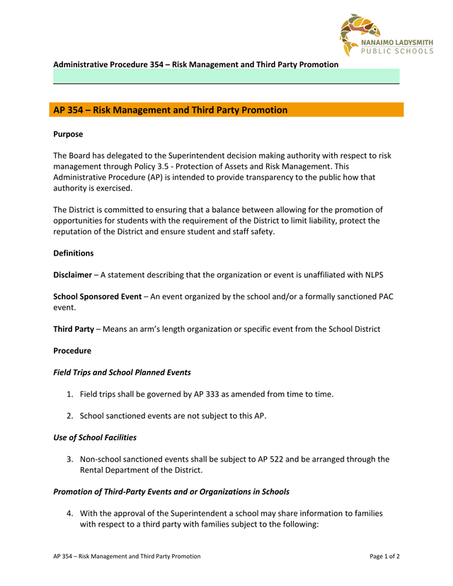 Administrative Procedure 354  Risk Management And Third Party Promotion screenshot