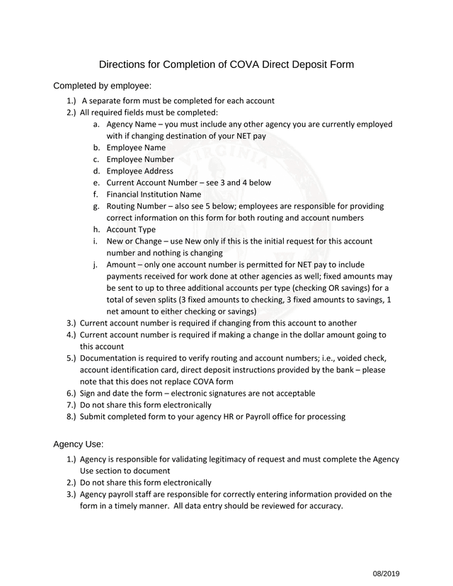 COVA Direct Deposit Form Instructions screenshot