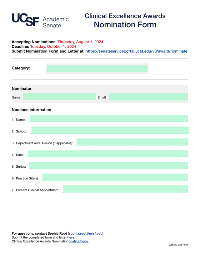 Clinical Excellence Awards Nomination Form screenshot