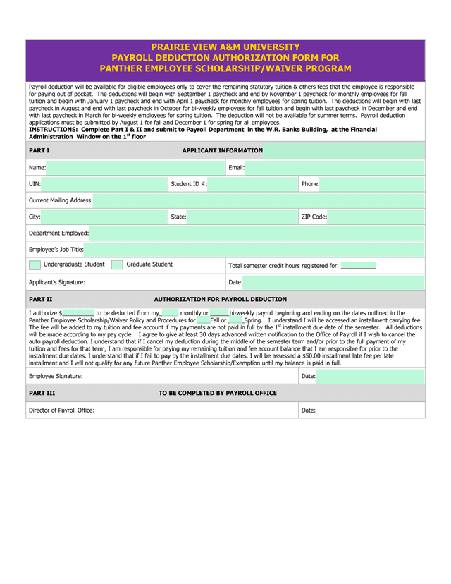 Payroll Deduction Authorization Form For Panther Employee ScholarshipWaiver Program screenshot