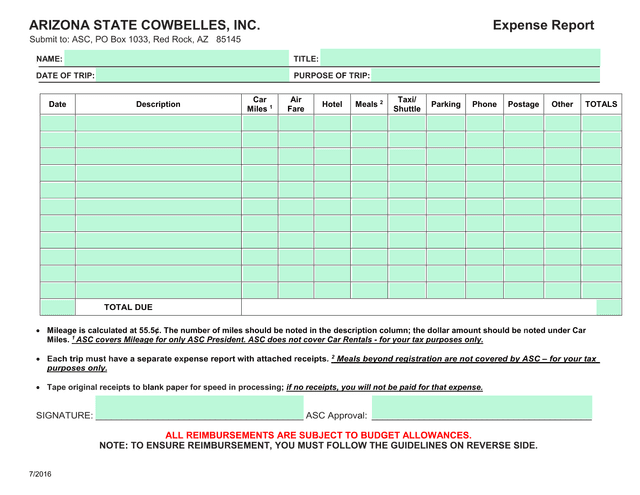 Arizona State Cowbelles, Inc. Expense Report screenshot