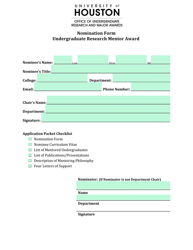 Nomination Form Undergraduate Research Mentor Award screenshot