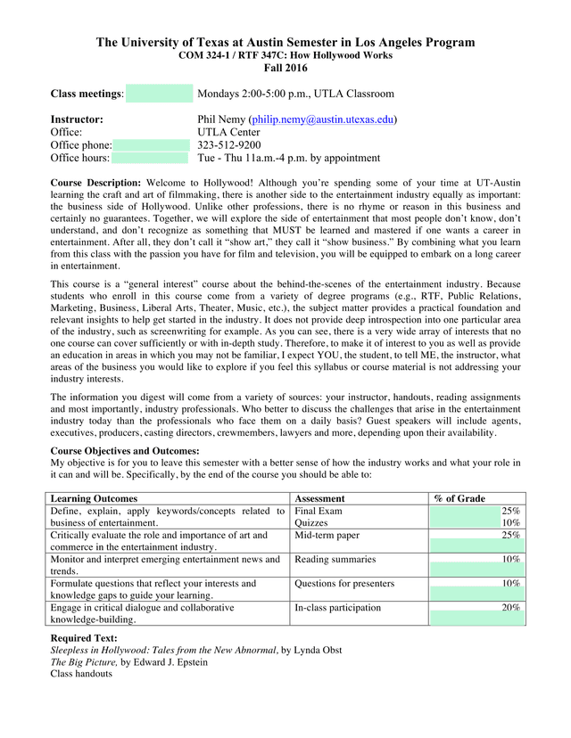 How Hollywood Works Syllabus screenshot