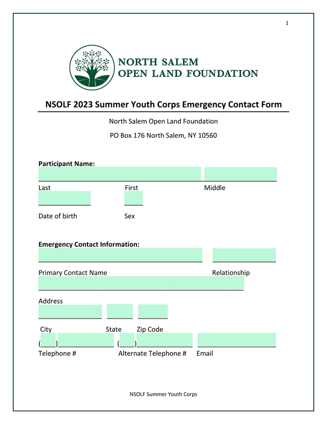 NSOLF 2023 Summer Youth Corps Emergency Contact Form screenshot