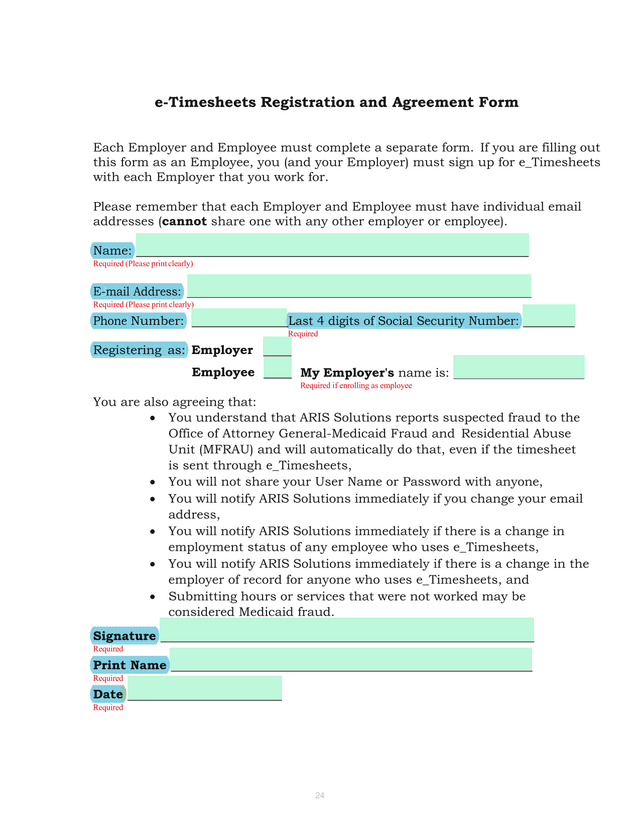 E Timesheets Registration And Agreement Form screenshot