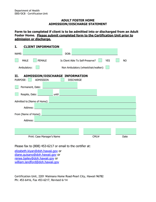 ADULT FOSTER HOME ADMISSIONDISCHARGE STATEMENT screenshot