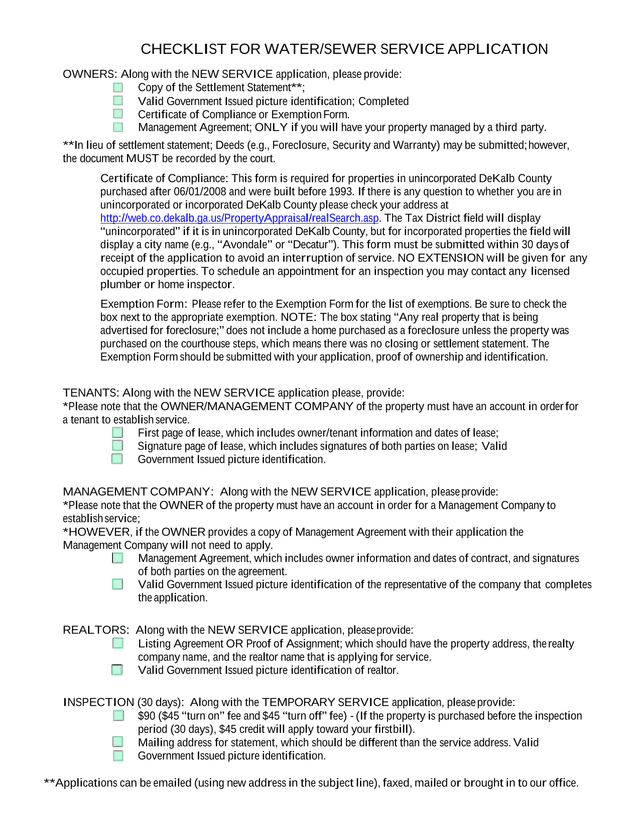 CHECKLIST FOR WATERSEWER SERVICE APPLICATION screenshot