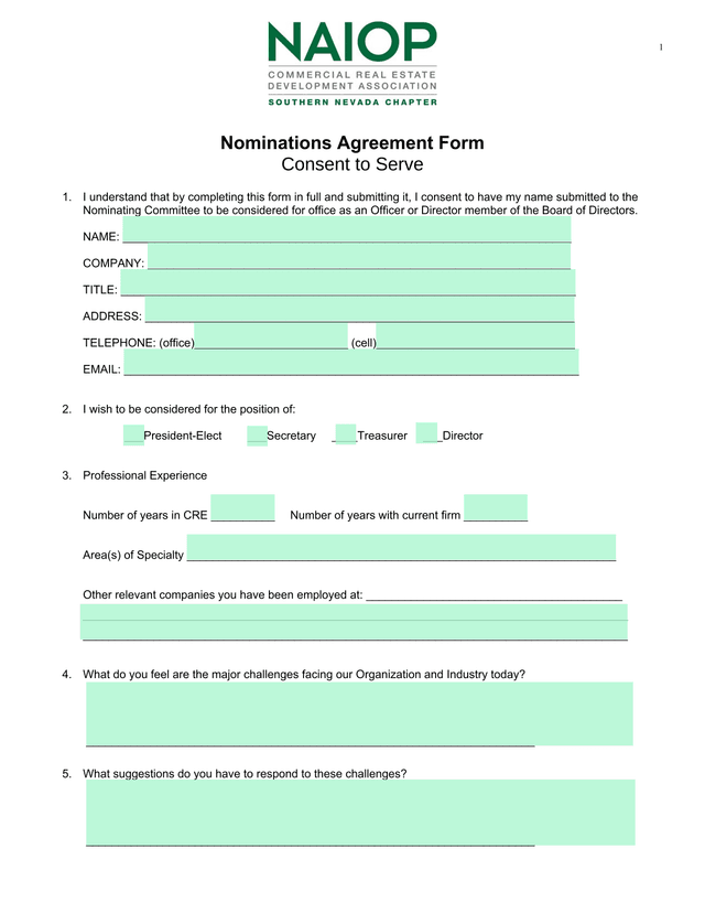 Nominations Agreement Form screenshot