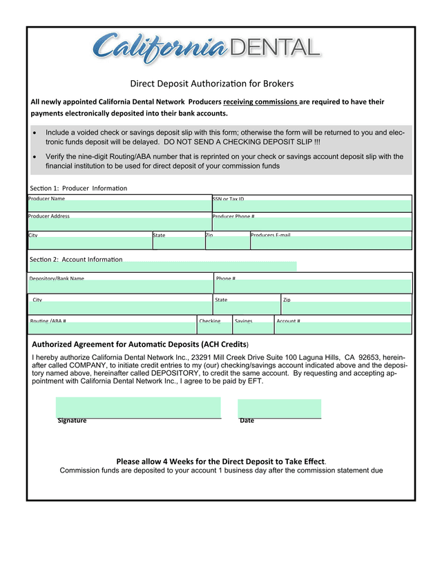 Direct Deposit Authorization For Brokers screenshot