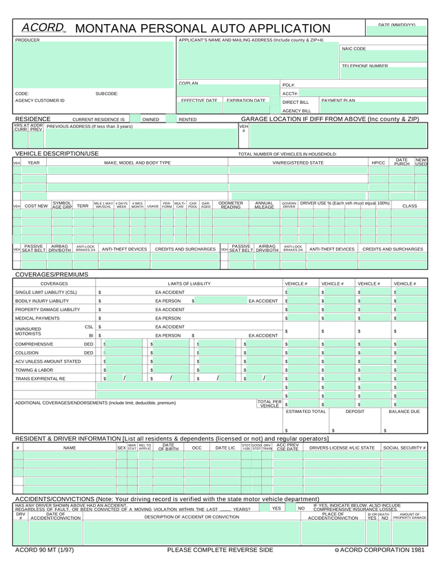 Montana Personal Auto Insurance Application (ACORD 90 MT) screenshot