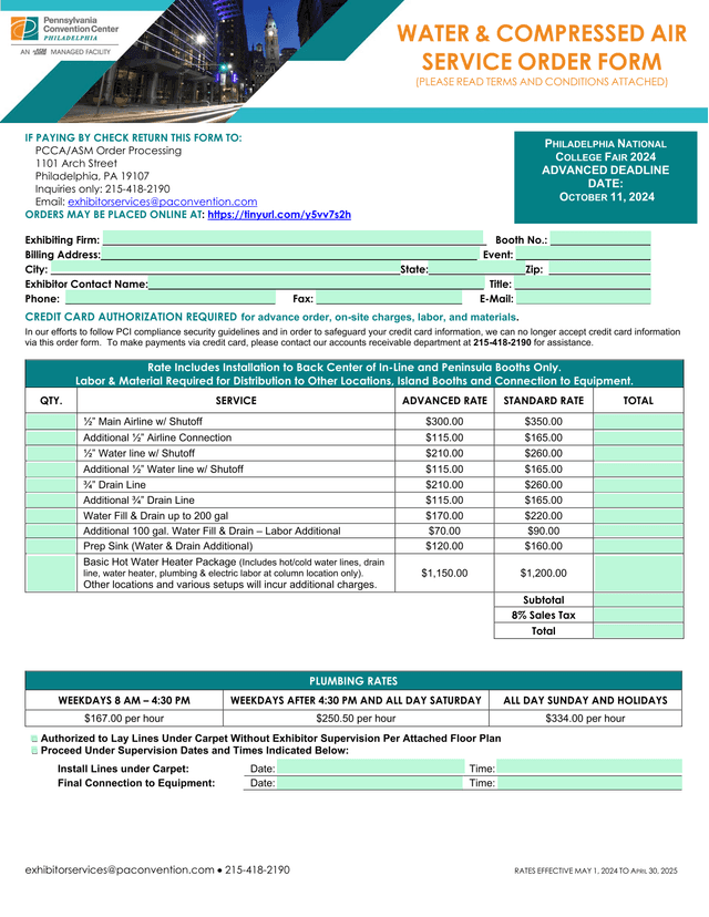 Philadelphia National College Fair 2024 Exhibitor Services Order Form screenshot