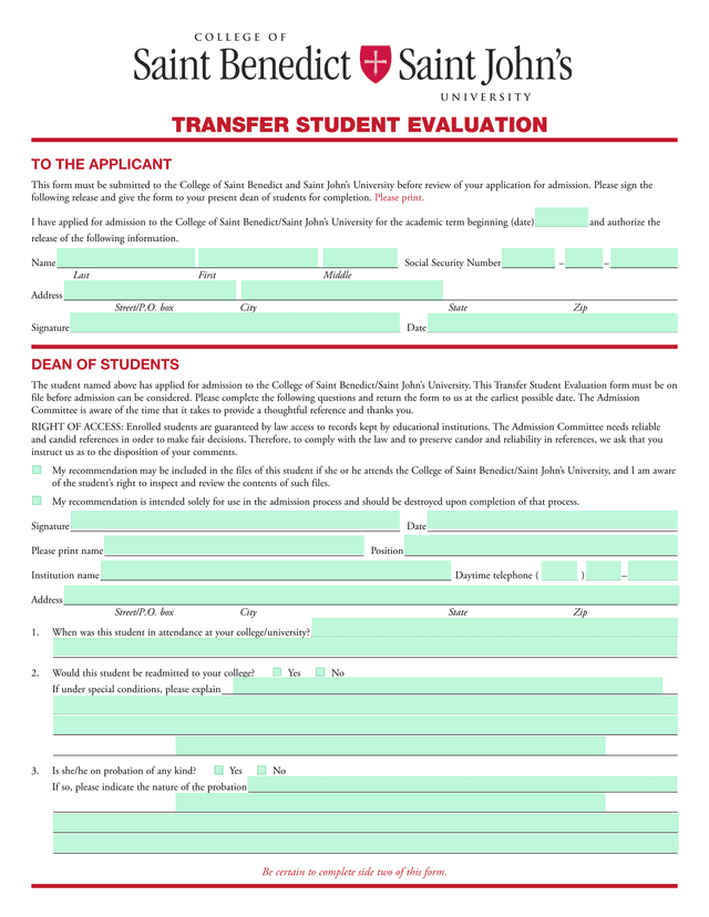 Transfer Student Evaluation screenshot