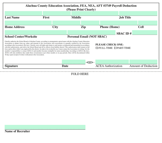 Alachua County Education Association Payroll Deduction Authorization screenshot