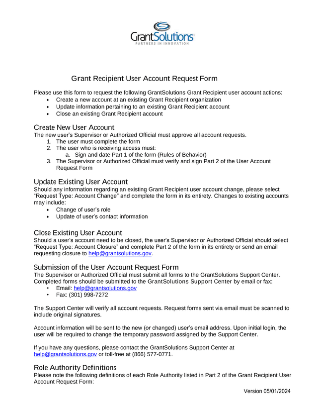 Grant Recipient User Account Request Form screenshot