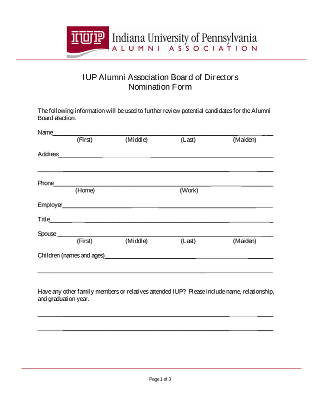 IUP Alumni Association Board Of Directors Nomination Form screenshot