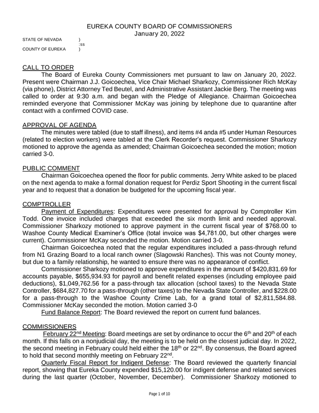 Eureka County Board Of Commissioners Meeting Minutes screenshot