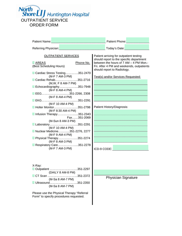 OUTPATIENT SERVICE ORDER FORM screenshot