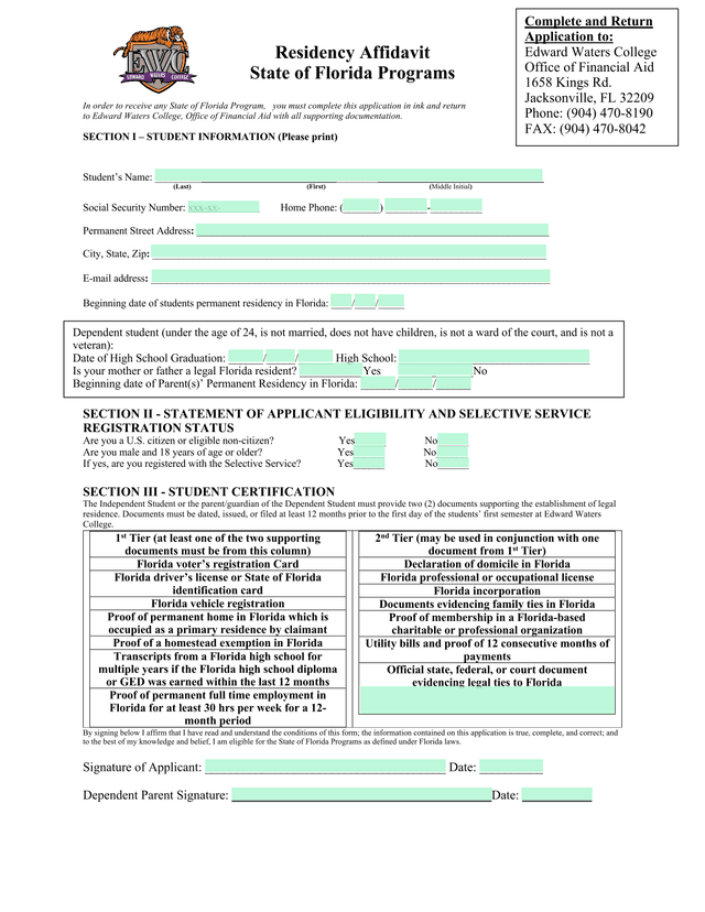 Residency Affidavit State Of Florida Programs screenshot