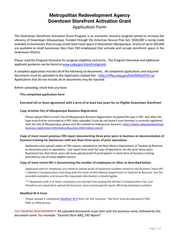 Downtown Storefront Activation Grant Application Form screenshot
