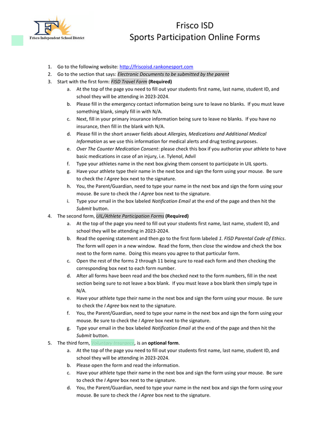 Frisco ISD Sports Participation Online Forms screenshot