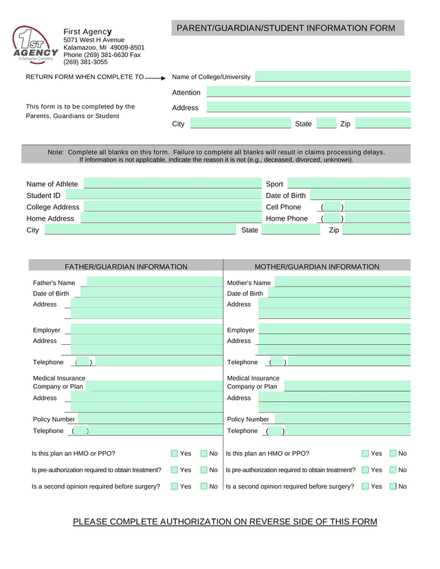 PARENTGUARDIANSTUDENT INFORMATION FORM screenshot