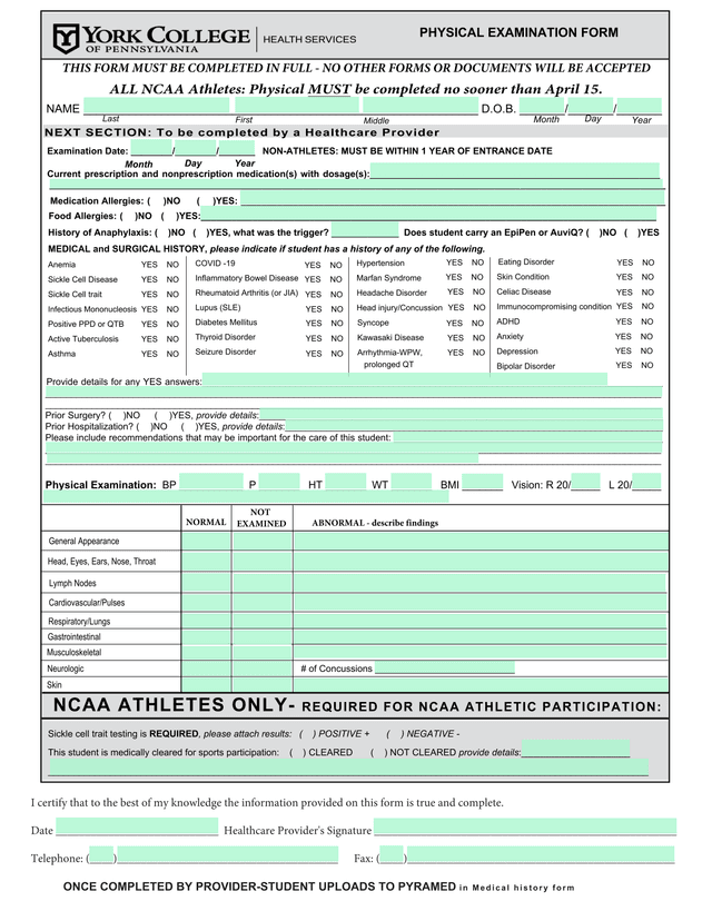 PHYSICAL EXAMINATION FORM screenshot