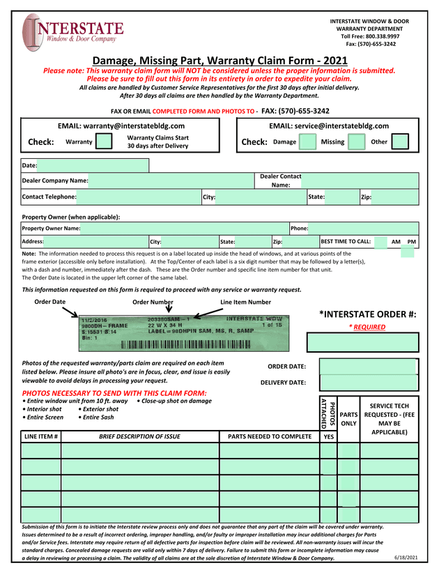 Damage, Missing Part, Warranty Claim Form   2021 screenshot