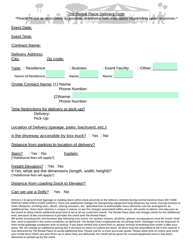 The Rental Place Delivery Form screenshot