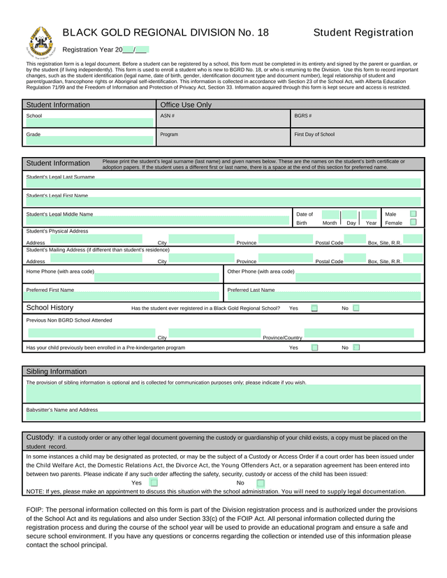 BLACK GOLD REGIONAL DIVISION No. 18 Student Registration screenshot