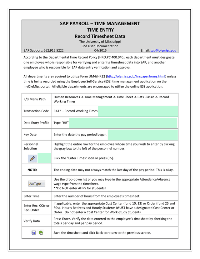 SAP Payroll  Time Management Time Entry screenshot