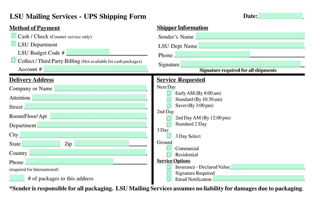 LSU Mailing Services   UPS Shipping Form screenshot