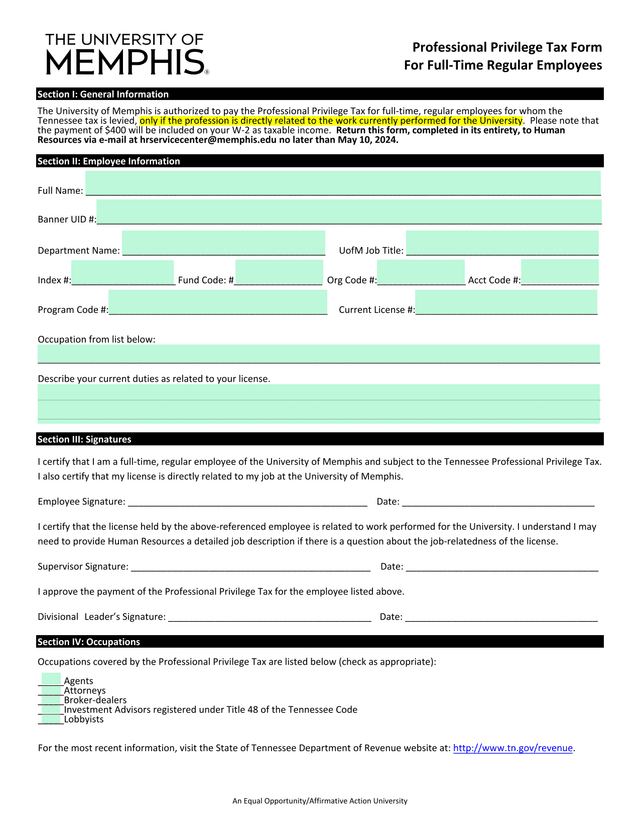 Professional Privilege Tax Form For Full Time Regular Employees screenshot