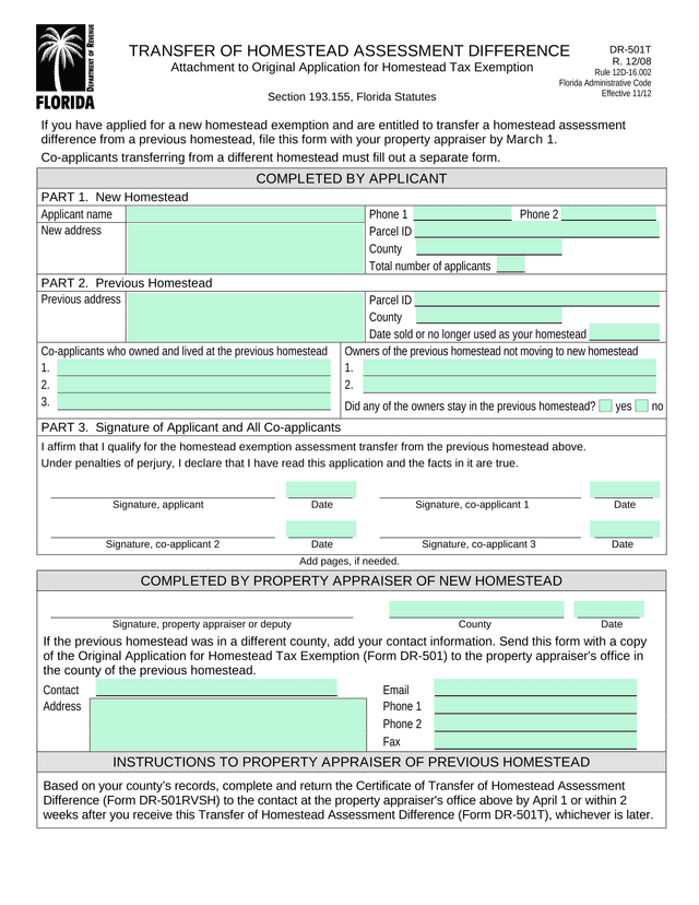 DR 501T Transfer Of Homestead Assessment Difference screenshot