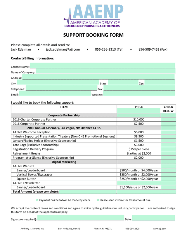 SUPPORT BOOKING FORM screenshot
