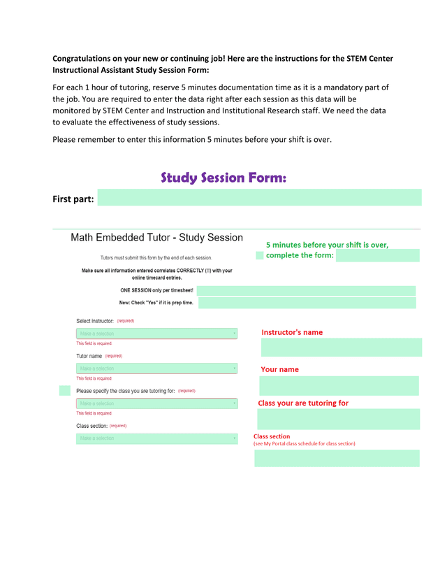 STEM Center Instructional Assistant Study Session Form screenshot