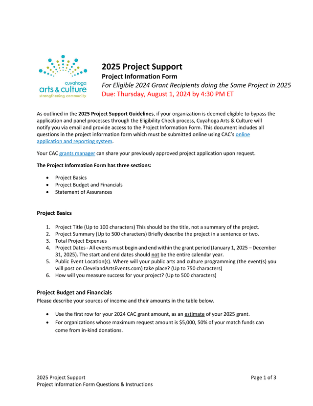 2025 Project Support Project Information Form screenshot
