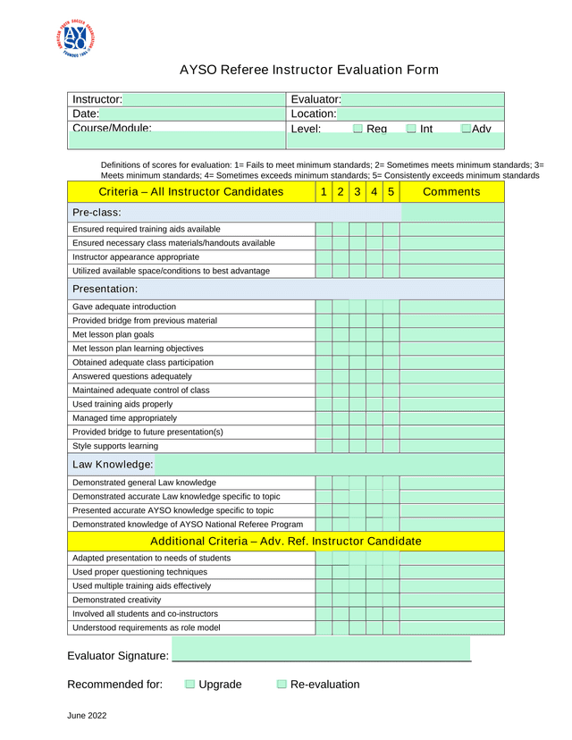 AYSO Referee Instructor Evaluation Form screenshot