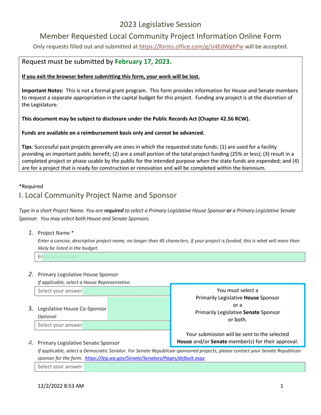 2023 Legislative Session Member Requested Local Community Project Information Online Form screenshot