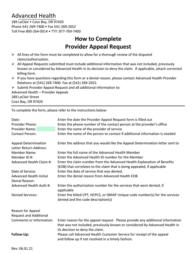 Provider Appeal Request screenshot