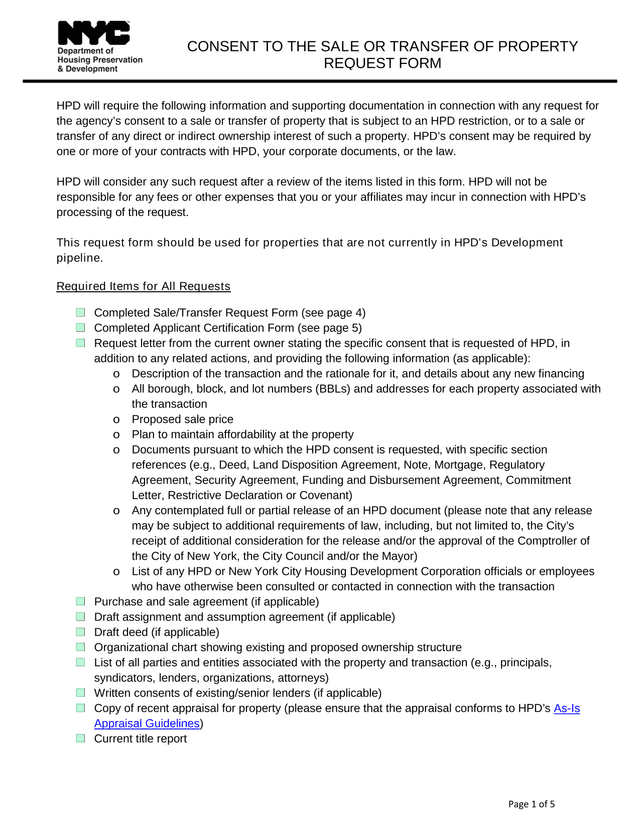 CONSENT TO THE SALE OR TRANSFER OF PROPERTY REQUEST FORM screenshot