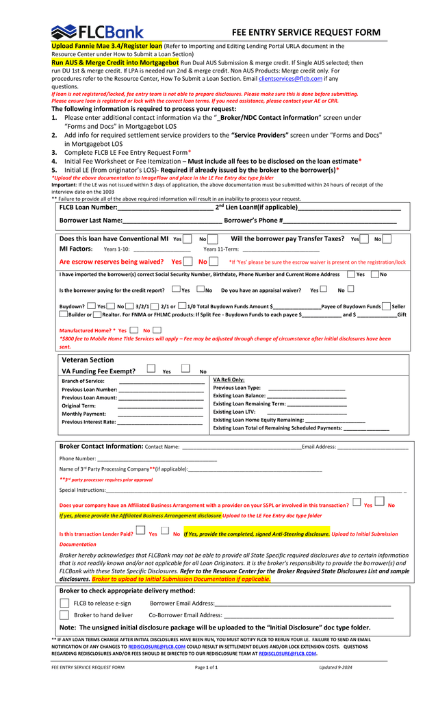 FEE ENTRY SERVICE REQUEST FORM screenshot