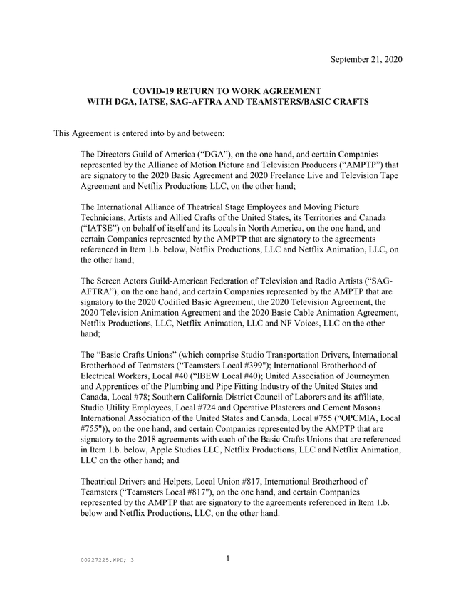 COVID 19 RETURN TO WORK AGREEMENT WITH DGA, IATSE, SAG AFTRA AND TEAMSTERSBASIC CRAFTS screenshot