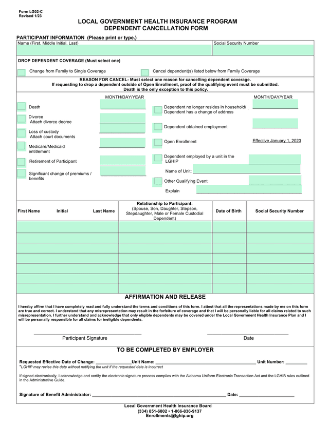 Dependent Cancellation Form screenshot