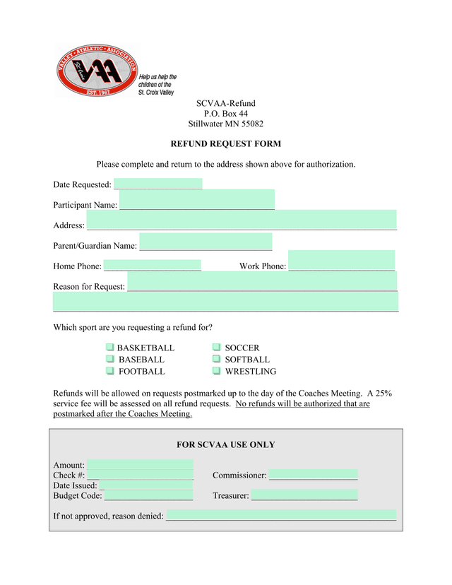 SCVAA Refund Refund Request Form screenshot