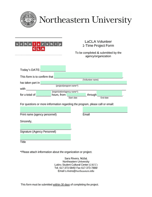 LaCLA Volunteer 1 Time Project Form screenshot