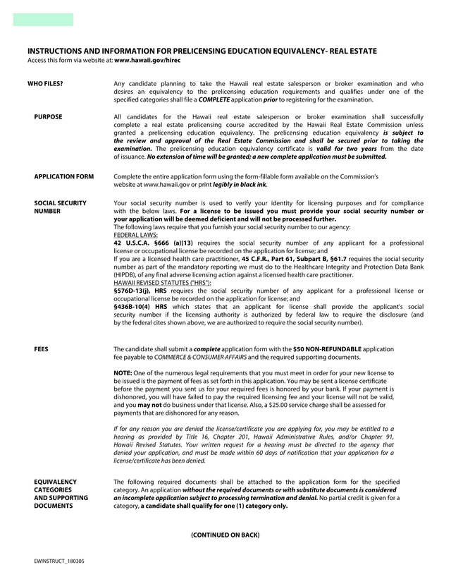 INSTRUCTIONS AND INFORMATION FOR PRELICENSING EDUCATION EQUIVALENCY  REAL ESTATE screenshot
