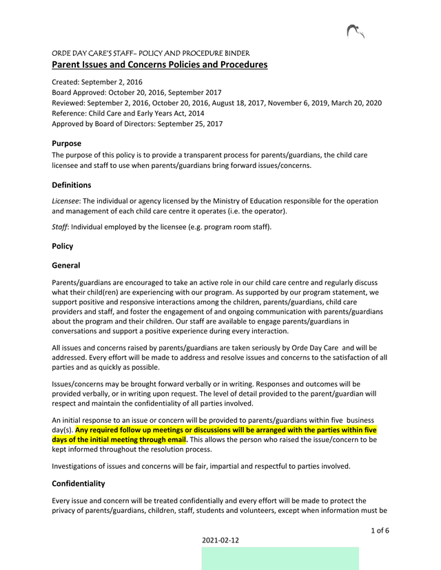 Orde Day CareS Staff  Policy And Procedure Binder screenshot