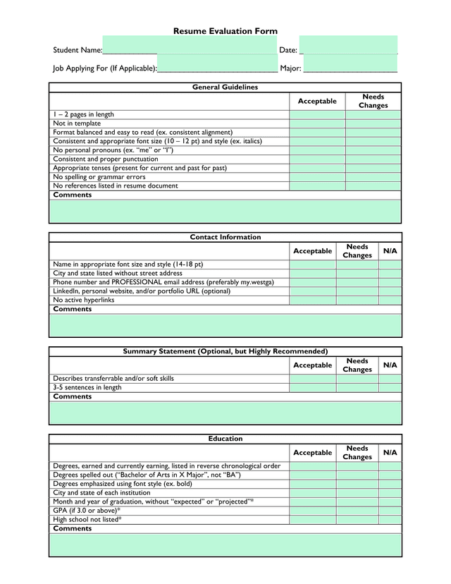 Resume Evaluation Form screenshot