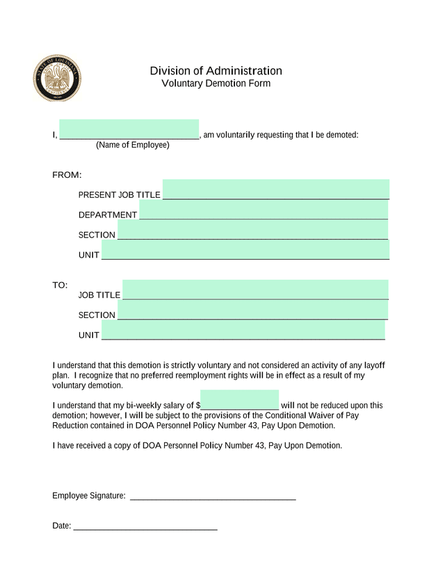 Voluntary Demotion Form screenshot